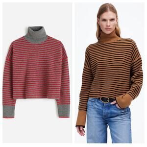 Madewell 100% Merino Wool Waffle Knit Turtleneck Gray Red Striped Sweater Size L